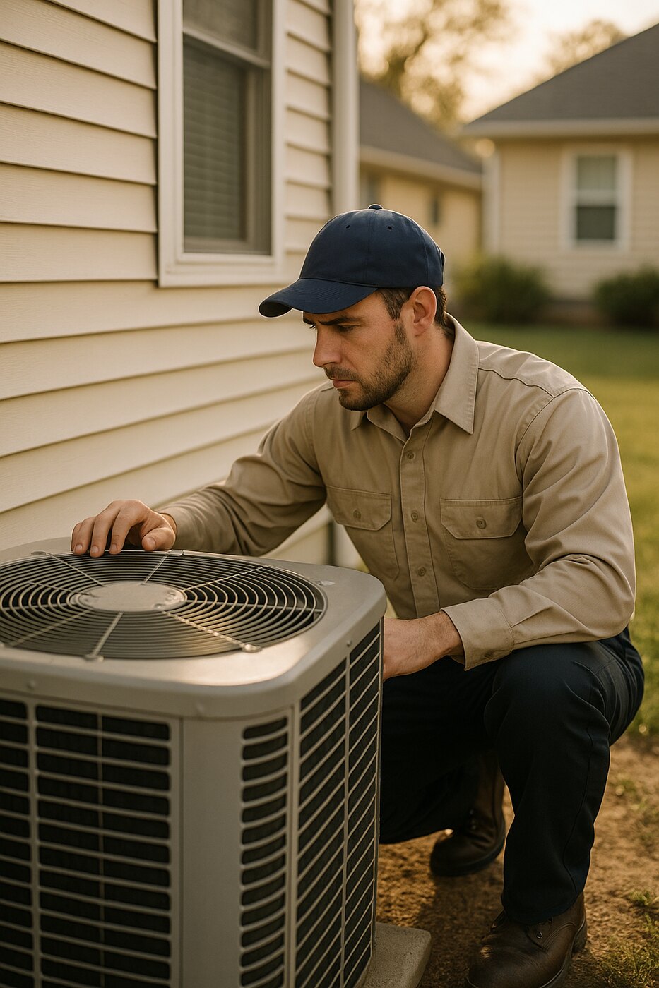 HVAC technician inspecting a Carrier condenser at a customer's home